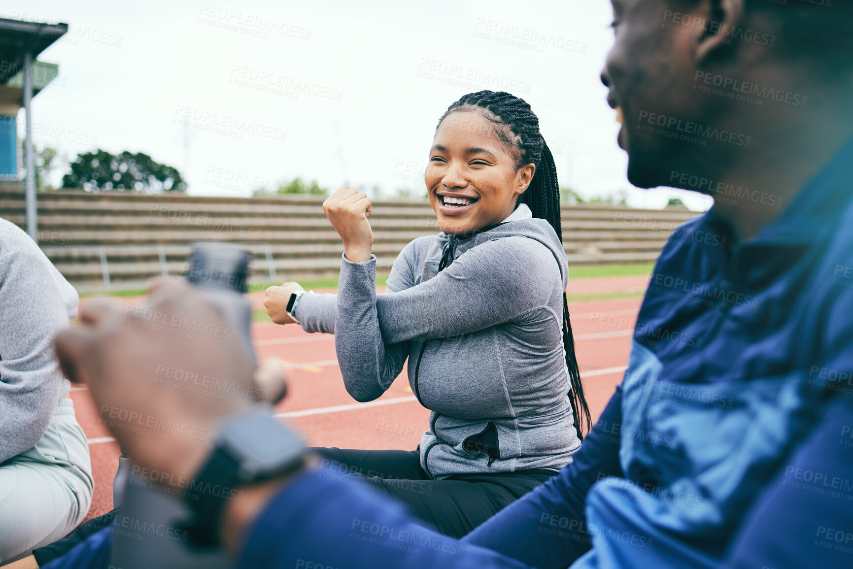 Buy stock photo People, fitness and stretching for sports exercise, workout or training together on the stadium track. Black woman and friends in warm up stretch getting ready for athletics sport, running or race