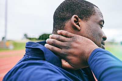 Buy stock photo Black man, neck pain and injury after exercise, workout or training accident at stadium. Winter sports, fitness and male athlete with fibromyalgia, inflammation and painful muscles after running.