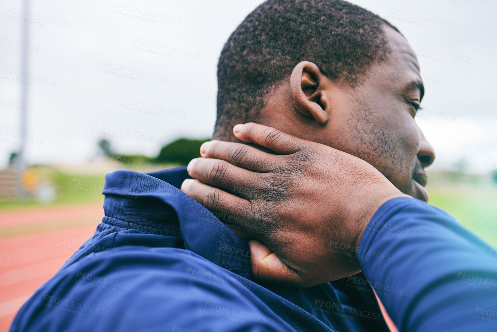 Buy stock photo Black man, neck pain and injury after exercise, workout or training accident at stadium. Winter sports, fitness and male athlete with fibromyalgia, inflammation and painful muscles after running.