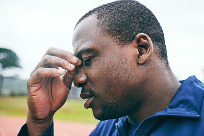 Buy stock photo Headache, fitness and burnout with a sports black man holding his nose during an outdoor workout. Stress, exercise and mental health with a male runner or athlete training for cardio or endurance