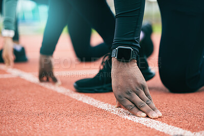 Buy stock photo Athlete, runner and fitness person at start of a race on a sports track for exercise, workout or motivation. Running, sprint and closeup of man ready for training as wellness, competition and health