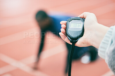 Buy stock photo Sports, running and hands with stop watch on race track for exercise, marathon training and fitness. Stadium, workout and athlete team with timer for performance, lap speed and racing competition