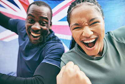 Buy stock photo Fitness, celebration and British athlete or people winning in the UK excited, confident and happy for a competition. Champion, man and woman with motivation and energy as a team, teamwork and united