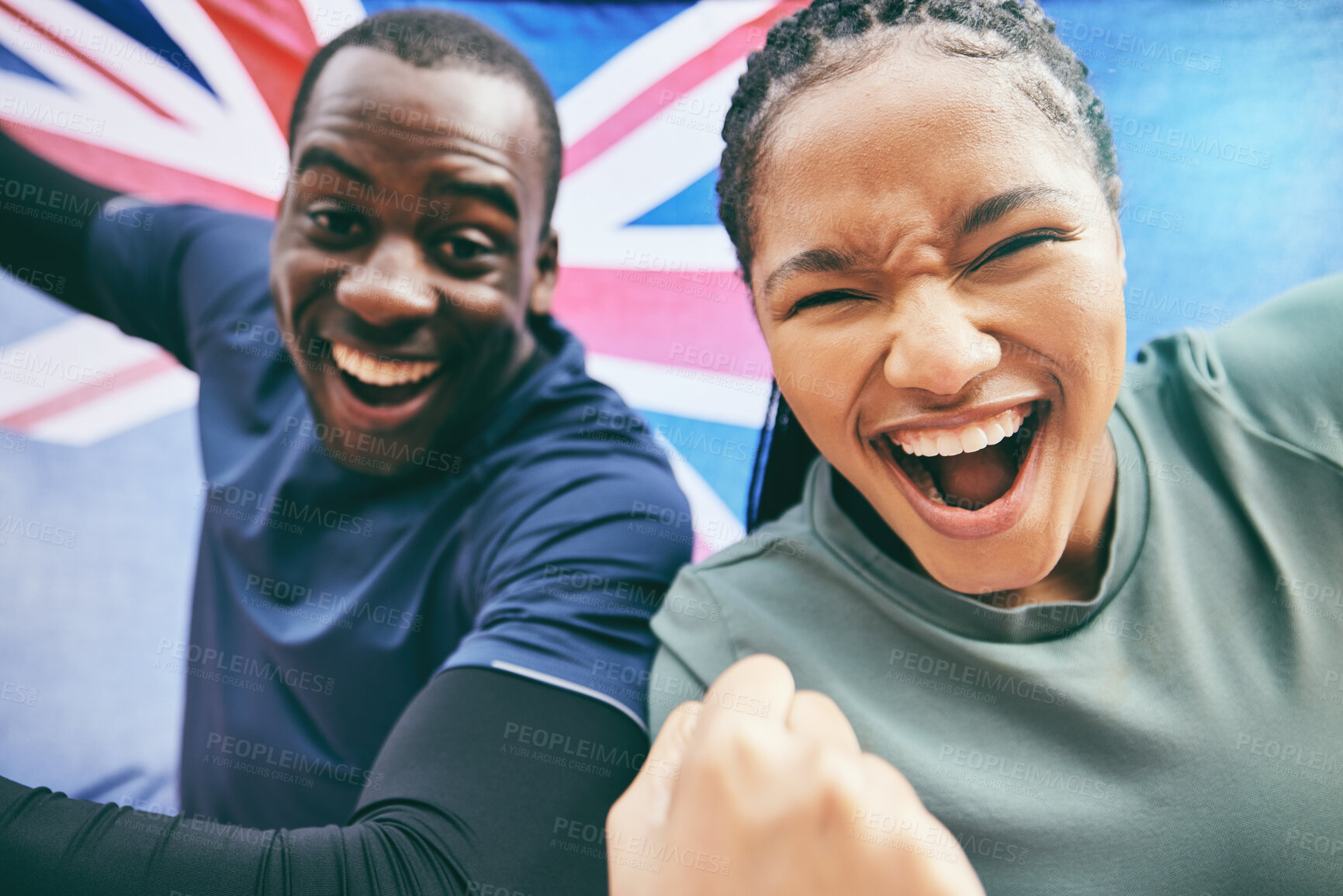 Buy stock photo Fitness, celebration and British athlete or people winning in the UK excited, confident and happy for a competition. Champion, man and woman with motivation and energy as a team, teamwork and united