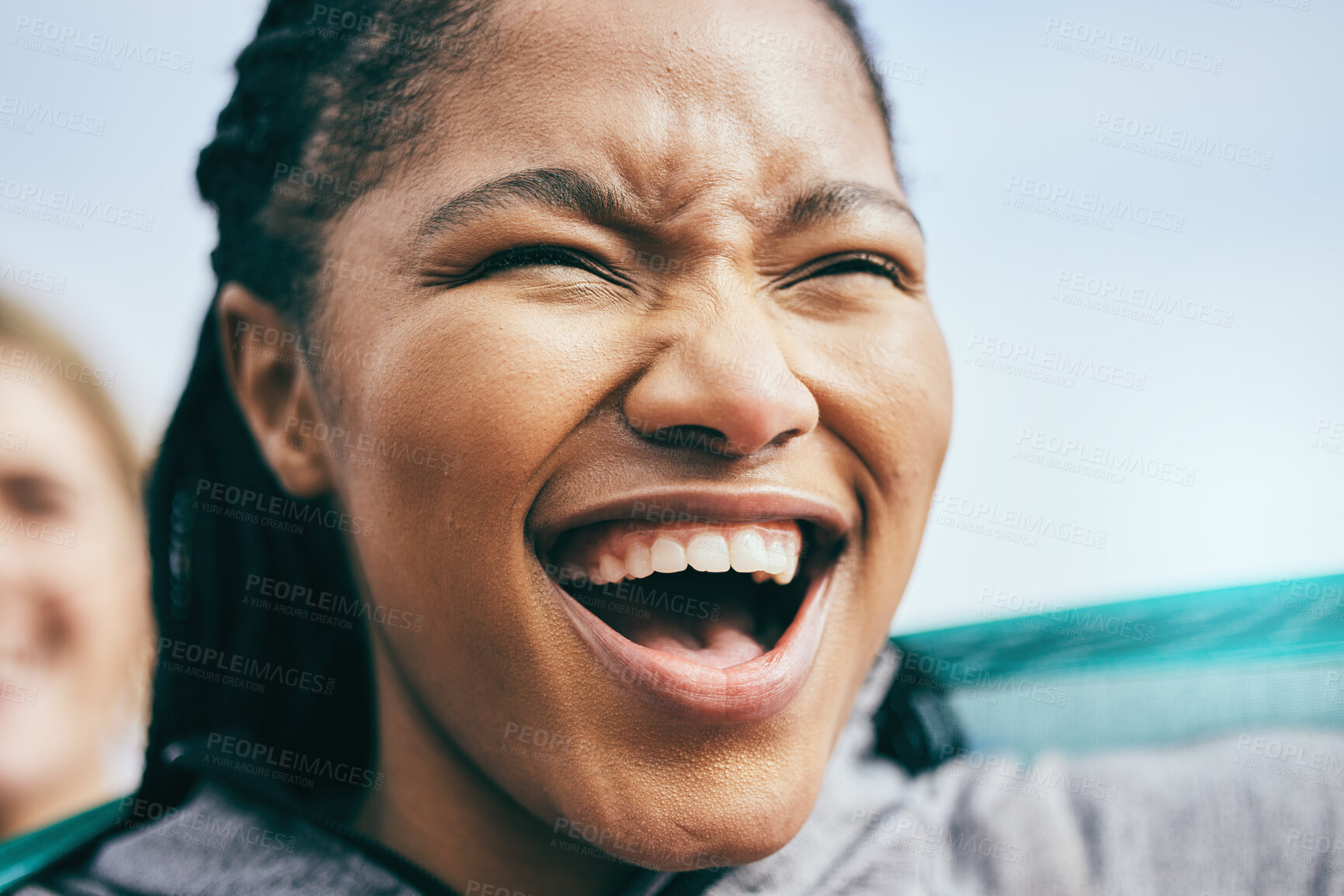 Buy stock photo Sports, cheer and excited black woman in stadium shouting, cheering and screaming support for team. Motivation, success and face of girl fan enjoy sport game, match and celebration for winning goals 
