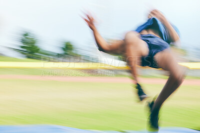 Buy stock photo High jump, fitness and athletics by man at a stadium for training, energy and cardio against sky background. Jumping, athlete and male outdoors for performance, endurance and competition on mock up