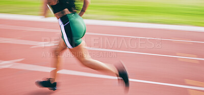 Buy stock photo Black woman, running and legs in athletics for sports training, cross fit or exercise on stadium track outdoors. African American female runner athlete in fitness, sport or run for practice workout