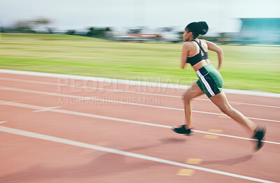 Buy stock photo Black woman, running and athletics for sports training, cross fit or exercise on stadium track in the outdoors. African American female runner athlete in fitness, sport or run for practice workout