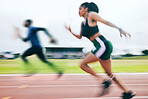 Black woman, running and athletics in sports race for training, cross fit or exercise on stadium track together. African American female runner athlete in fitness, sport or speed run for competition