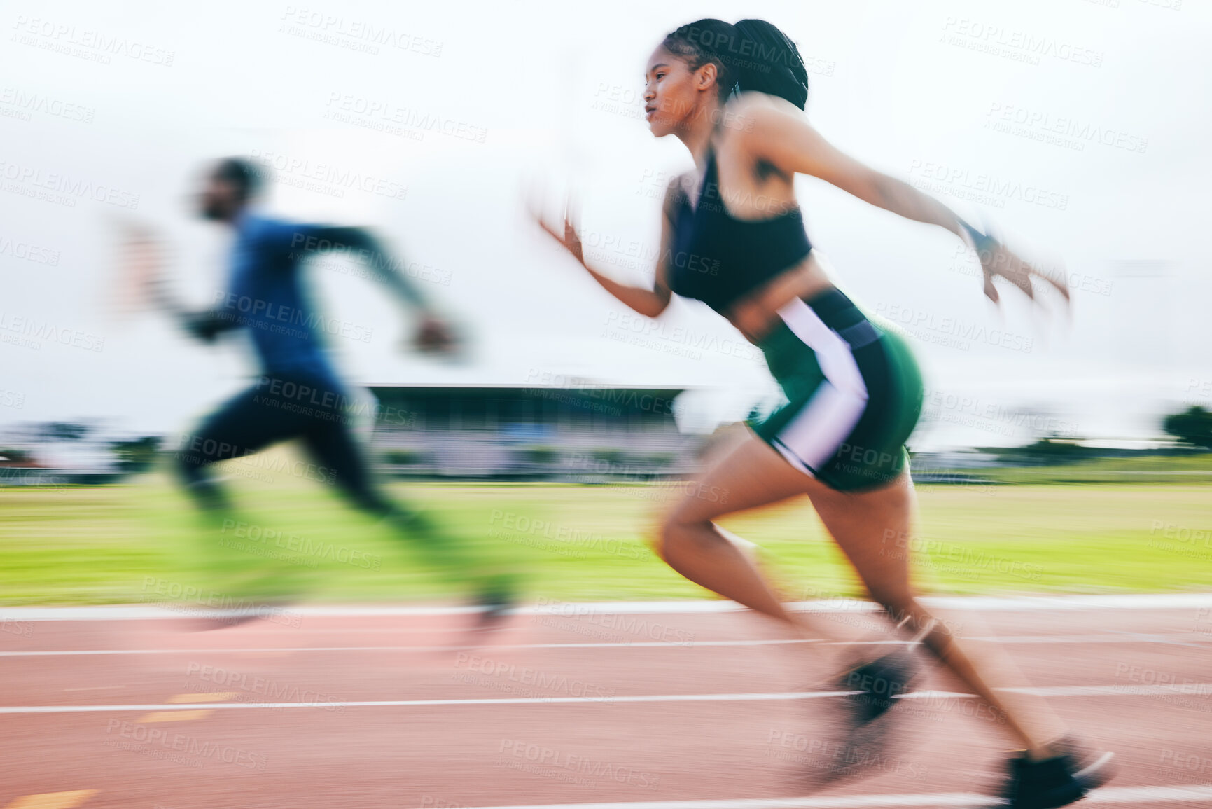 Buy stock photo Black woman, running and athletics in sports race for training, cross fit or exercise in blur on stadium track. African American female runner athlete in fitness, sport or speed run for competition