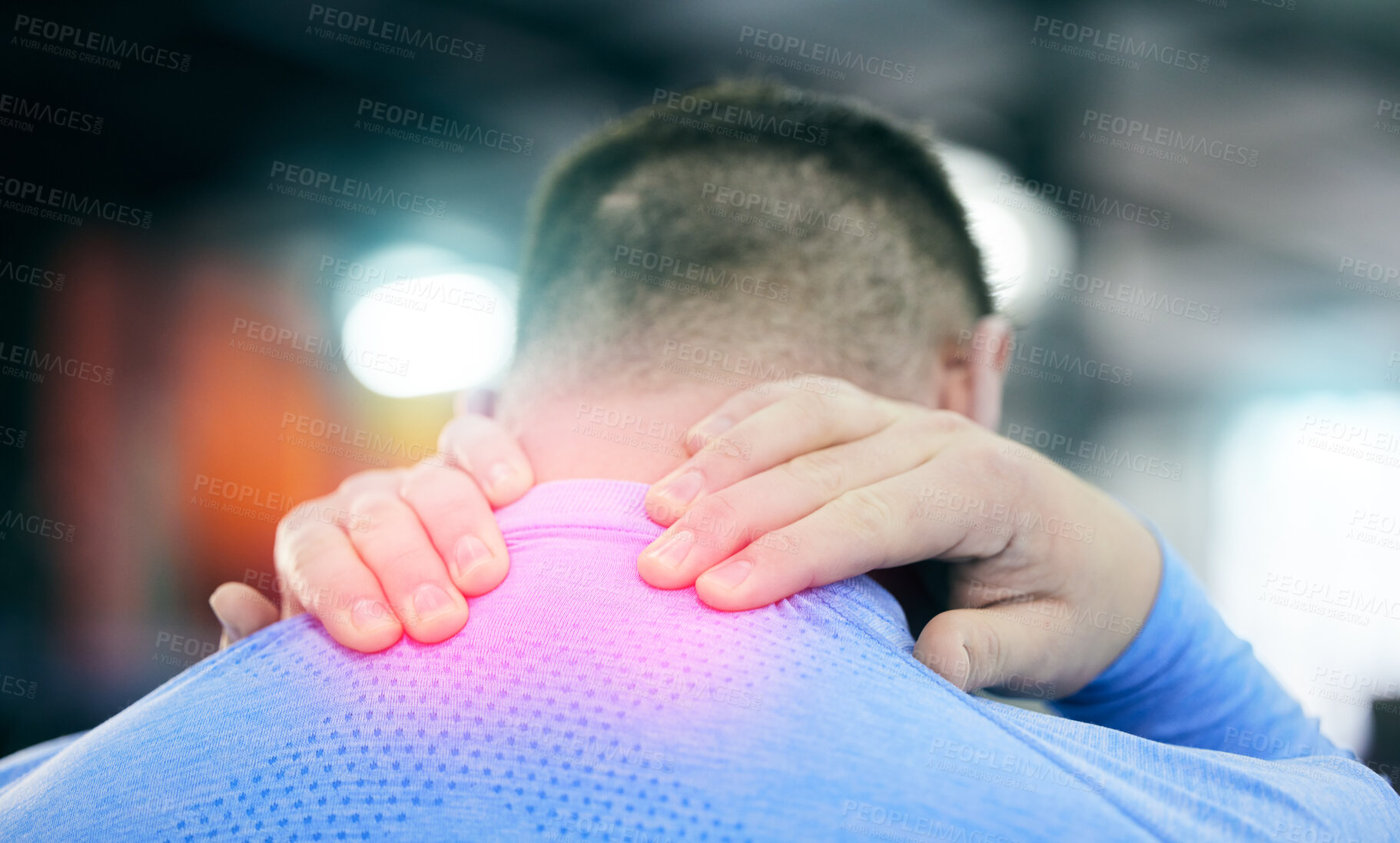 Buy stock photo Fitness, gym and man with pain in neck, medical emergency during gymnastics workout at sport studio. Exercise, health and wellness, person with hand on back muscle cramps or injury while training