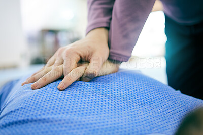Buy stock photo Cpr, healthcare and hands on chest for first aid class, lesson and medical tutorial for paramedic worker. Rescue training, emergency and palms of person on body for cardiac arrest, wellness and help
