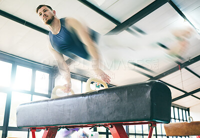 Buy stock photo Fitness, gymnastics and balance beam with man for training, cardio and strength at gym. Athletic, male and acrobat practice speed, control and sport routine for muscle, power or endurance performance