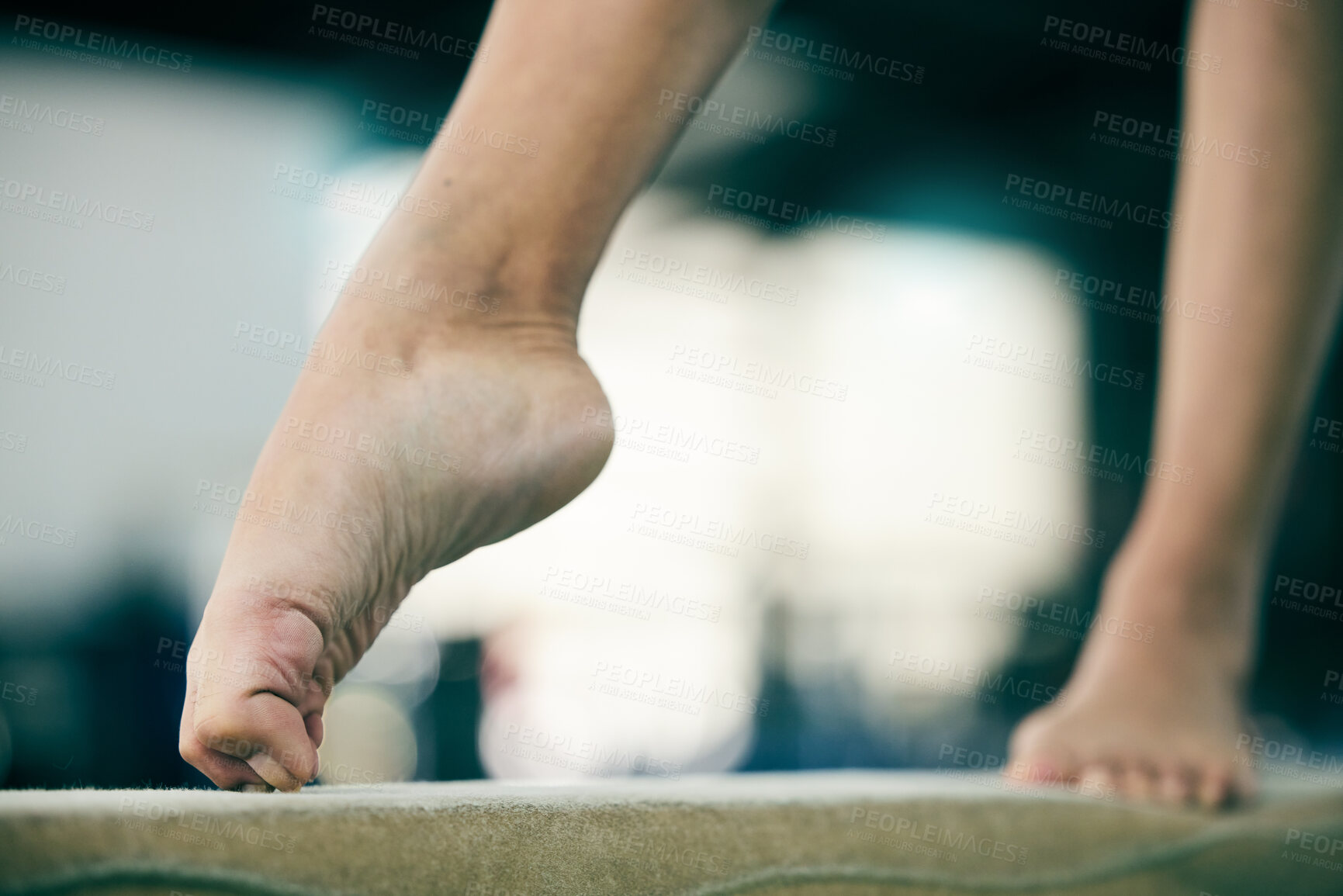 Buy stock photo Gymnastics, fitness and feet of person in studio for balance, training and exercise against blurred background. Foot, workout and acrobat on beam for posture, routine and performance with mockup