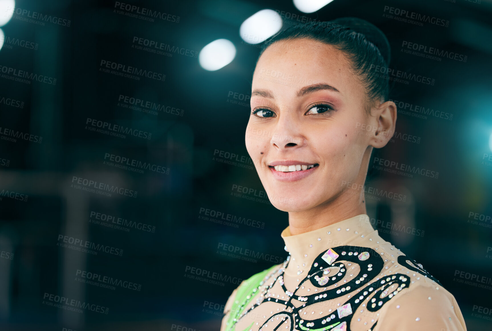 Buy stock photo Gymnastics portrait, woman with smile and sport with mockup space, competition and fitness in gym or arena. Professional gymnast face, sports and exercise with health, wellness and active lifestyle