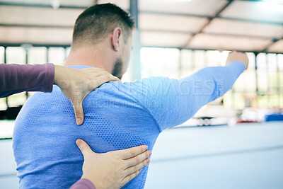 Buy stock photo Help, fitness and man with a gymnastics personal trainer for perfect form, stretching and training. Warm up, performance and coach helping a gymnast with back coordination exercise for sports