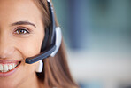 Call center woman face and consultant, telemarketing agent or virtual assistant with customer services smile. Contact us, ecommerce technical support and person portrait for business crm consulting