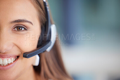 Buy stock photo Call center woman face and consultant, telemarketing agent or virtual assistant with customer services smile. Contact us, ecommerce technical support and person portrait for business crm consulting