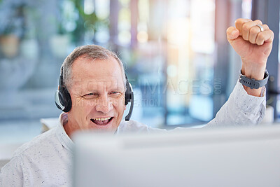 Buy stock photo Senior, call center man or success deal on computer for customer service, contact us support or CRM consulting. Celebration, consultation or communication for wow, winner smile or happy telemarketing