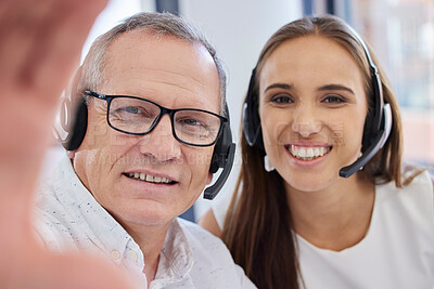 Buy stock photo Call center selfie, portrait and employees in telemarketing, customer service and consulting. Bonding, friends and face of workers in online support taking a photo for a work memory in sales