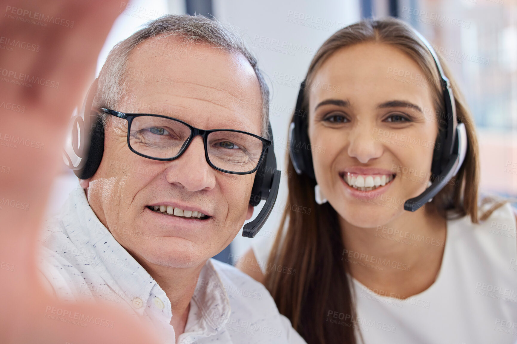 Buy stock photo Call center selfie, portrait and employees in telemarketing, customer service and consulting. Bonding, friends and face of workers in online support taking a photo for a work memory in sales