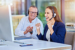 Teamwork, call center or success deal on computer for customer service, contact us support or CRM consulting. Celebration, consultation or communication for wow, winner smile or happy telemarketing