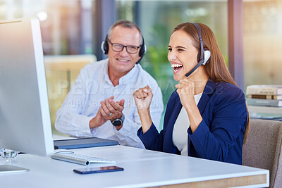 Buy stock photo Teamwork, call center or success deal on computer for customer service, contact us support or CRM consulting. Celebration, consultation or communication for wow, winner smile or happy telemarketing
