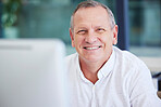 Senior businessman, portrait smile and computer for career success, vision or ambition at office. Happy elderly male CEO face smiling for project management, mission or corporate goals at workplace