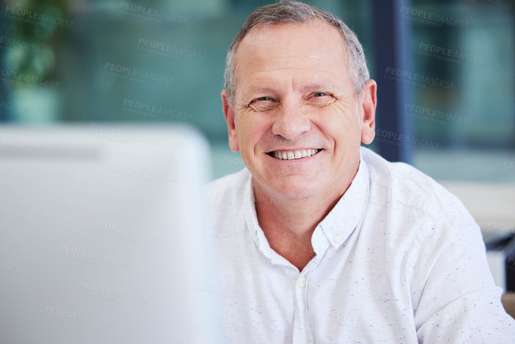 Buy stock photo Senior businessman, portrait smile and computer for career success, vision or ambition at office. Happy elderly male CEO face smiling for project management, mission or corporate goals at workplace