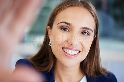 Buy stock photo Woman, office selfie and smile in portrait for profile picture, social media app and success in finance business. Happy financial advisor, digital photo and motivation at workplace with happiness