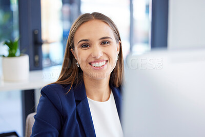 Woman, office portrait and smile at computer for success, fintech or motivation in finance business. Happy financial advisor, pc or focus for happiness, excited or planning for vision, dream or goals