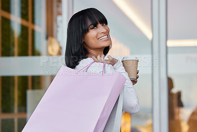 Buy stock photo Woman, shopping bag and portrait with coffee in mall, store and happiness of product sales. Rich customer, happy girl and retail gift bags of commerce market, discount promotion or luxury brand offer