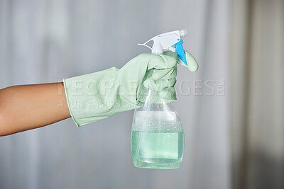 Buy stock photo Spray bottle, detergent and maid with gloves for cleaning in a house, office or apartment. Hygiene, cleaner service and hand of a housekeeper with liquid for housework or sanitize dust, dirt or germs