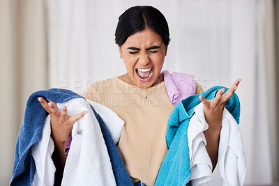 Buy stock photo Laundry, frustrated and woman with anger, screaming and overworked with spring cleaning, chores and hygiene. Female, cleaner and maid angry, upset and washing material with burnout or fatigue in home