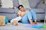 Woman, housekeeper and sleeping on living room sofa for cleaning, hygiene or service at home. Tired female cleaner exhausted suffering from burnout or fatigue resting and dreaming by lounge couch