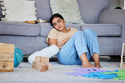 Buy stock photo Woman, housekeeper and sleeping on living room sofa for cleaning, hygiene or service at home. Tired female cleaner exhausted suffering from burnout or fatigue resting and dreaming by lounge couch