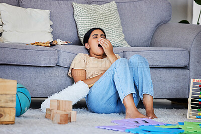 Buy stock photo Cleaner woman tired from house work, yawning and relax on floor with cleaning, housekeeping or hospitality. Burnout, fatigue and exhausted housekeeper, dust and disinfection with overworked maid
