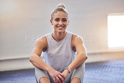 Buy stock photo Gym portrait, woman and workout of a happy athlete sitting with a smile ready for sports. Wellness, health and fitness club with a young person with happiness and health motivation for sport