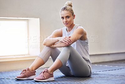 Buy stock photo Woman in gym, fitness portrait and athlete on mat for yoga or pilates, exercise and health in active lifestyle. Sport, personal trainer and focus, motivation for body training, muscle and strong