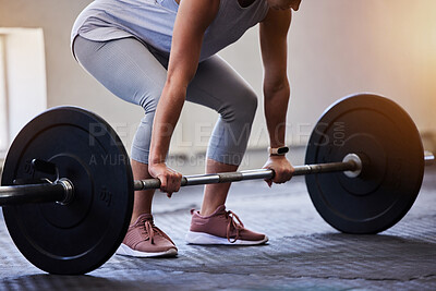 Buy stock photo Woman bodybuilder, barbell deadlift and gym for wellness, fitness or exercise for strong body on floor. Weightlifting, muscle development or workout for health, challenge or performance for self care