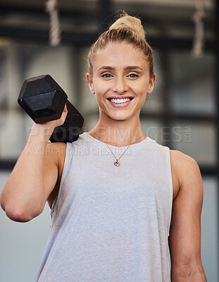 Buy stock photo Happy woman, dumbbell and portrait of a athlete with a smile ready for training, exercise and workout. Sports gym, happiness and young person bodybuilder in a health, wellness and sport center