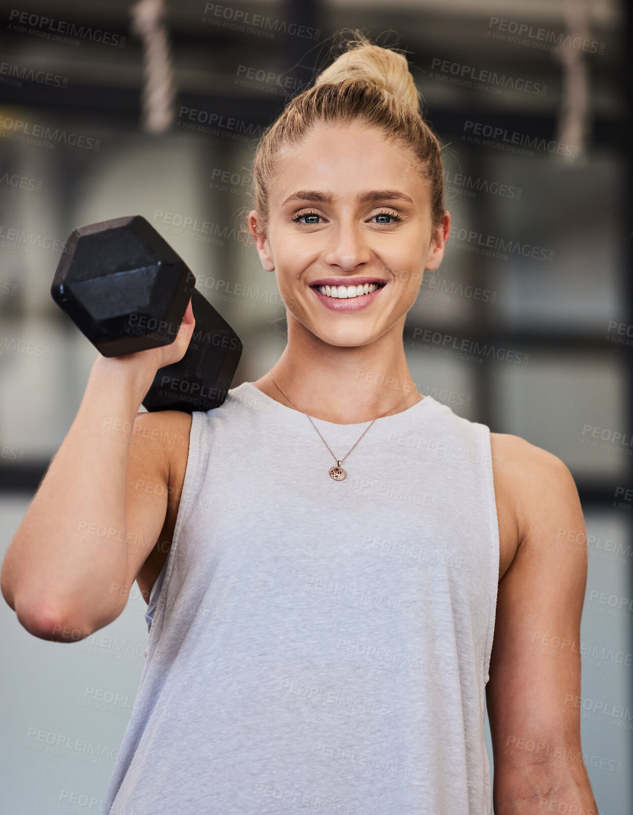 Buy stock photo Happy woman, dumbbell and portrait of a athlete with a smile ready for training, exercise and workout. Sports gym, happiness and young person bodybuilder in a health, wellness and sport center