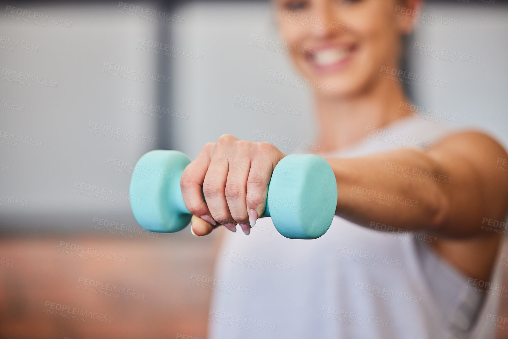 Buy stock photo Training, workout and woman with dumbbell closeup at the gym for muscle, strength and wellness at fitness club. Hand, lifting and exercise by fit female athlete with power, energy and motivation