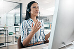 Call center, discussion and crm business conversation at a computer working on support call. Telemarketing, company networking and contact us consultant on a digital consultation for tech help