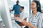 Crm, woman discussion and call center business call conversation at a computer working. Telemarketing worker, company networking and happy contact us worker on a digital consultation for tech help