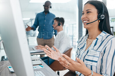 Buy stock photo Crm, woman discussion and call center business call conversation at a computer working. Telemarketing worker, company networking and happy contact us worker on a digital consultation for tech help