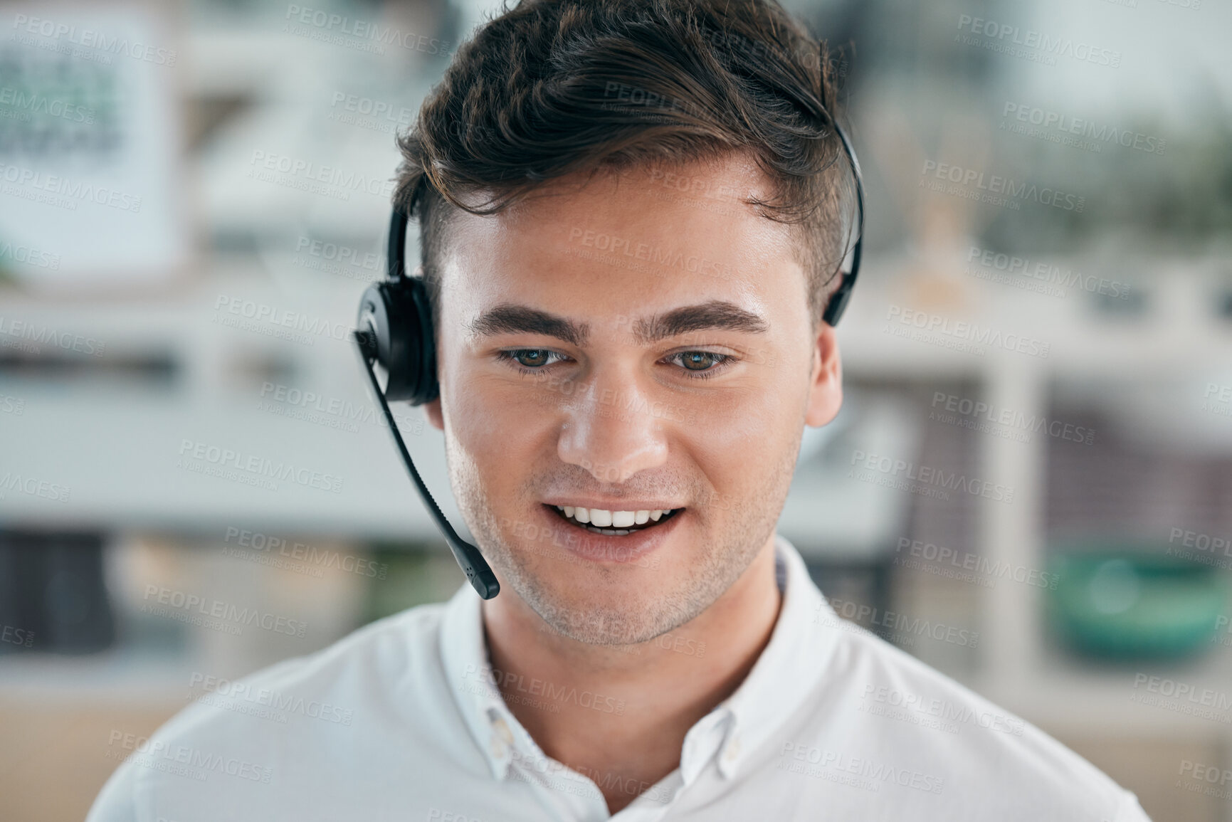 Buy stock photo Call center, man and customer service consultant with a smile and headphones for contact us or crm. Telemarketing, online support and sales person in office for communication and help desk headset