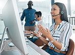 Call center, talking and business conversation of consulting black woman at a computer for a call. Telemarketing, company networking and contact us consultant on a digital consultation for tech help