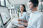 Call center, computer and team with document for customer service, crm and telemarketing in office. Man and woman consultant at pc while happy about sales, contact us and online support or advice