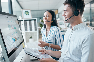 Buy stock photo Call center, computer and team with document for customer service, crm and telemarketing in office. Man and woman consultant at pc while happy about sales, contact us and online support or advice